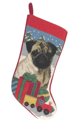 Needlepoint Christmas Dog Breed Stocking -Fawn Pug With Presents