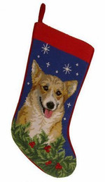 Needlepoint Christmas Dog Breed Stocking - Corgi + Stars And Holly