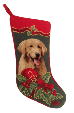 Needlepoint Christmas Dog Breed Stocking - Golden Retriever With Holly