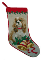 Needlepoint Christmas Dog Breed Stocking -Cavalier King Charles Spaniel With Holly + Bells