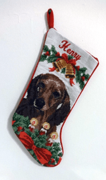 Needlepoint Christmas Dog Breed Stocking -Dachshund - Brown With Bells And Candles