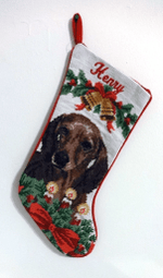 Needlepoint Christmas Dog Breed Stocking -Dachshund - Brown With Bells And Candles