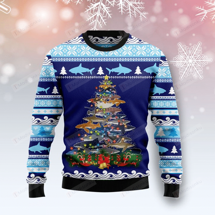 Shark christmas tree for unisex ugly christmas sweater all over print sweatshirt  ugly sweater