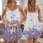 Purple Flower Shih Tzu Spaghetti Strap Summer Dress