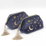 Handy Embroidered Moon and Stars Cosmetic Bag With Chic Tassels