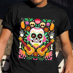 Floral Sugar Skull With Guitar Shirt Dead Day Skeleton T-Shirt Gift For Ladies