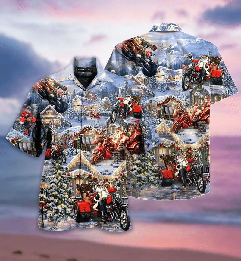 Santa claus motorbike Merry Christmas short sleeve hawaiian shirt unisex hawaii size S-5XL