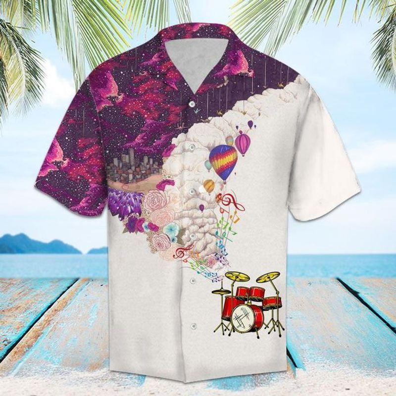 Drum hot air balloon short sleeve hawaiian shirt unisex hawaii size S-5XL