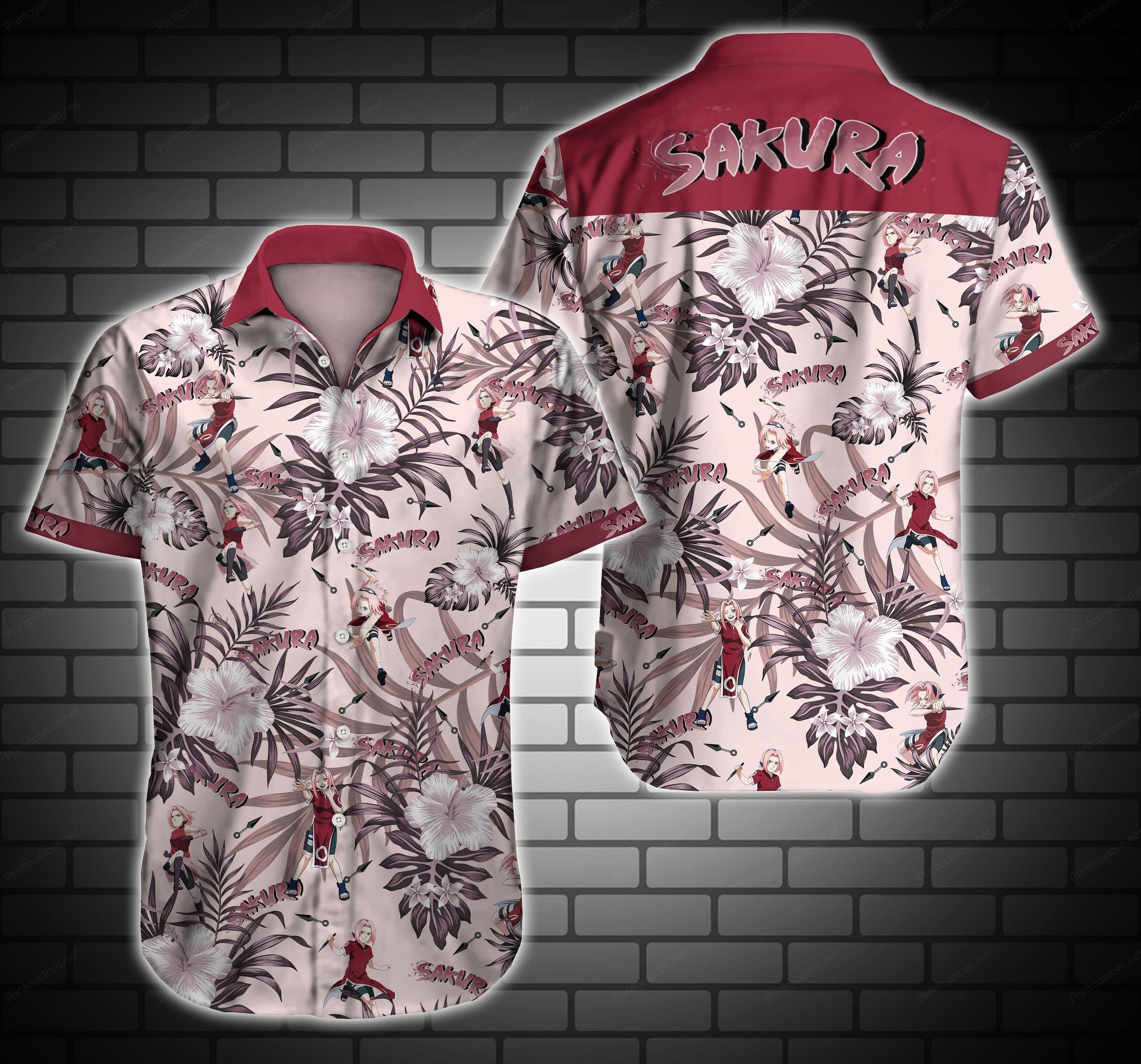 Sakura Haruno Hawaiian Graphic Print Short Sleeve Hawaiian Casual Shirt  size S - 5XL