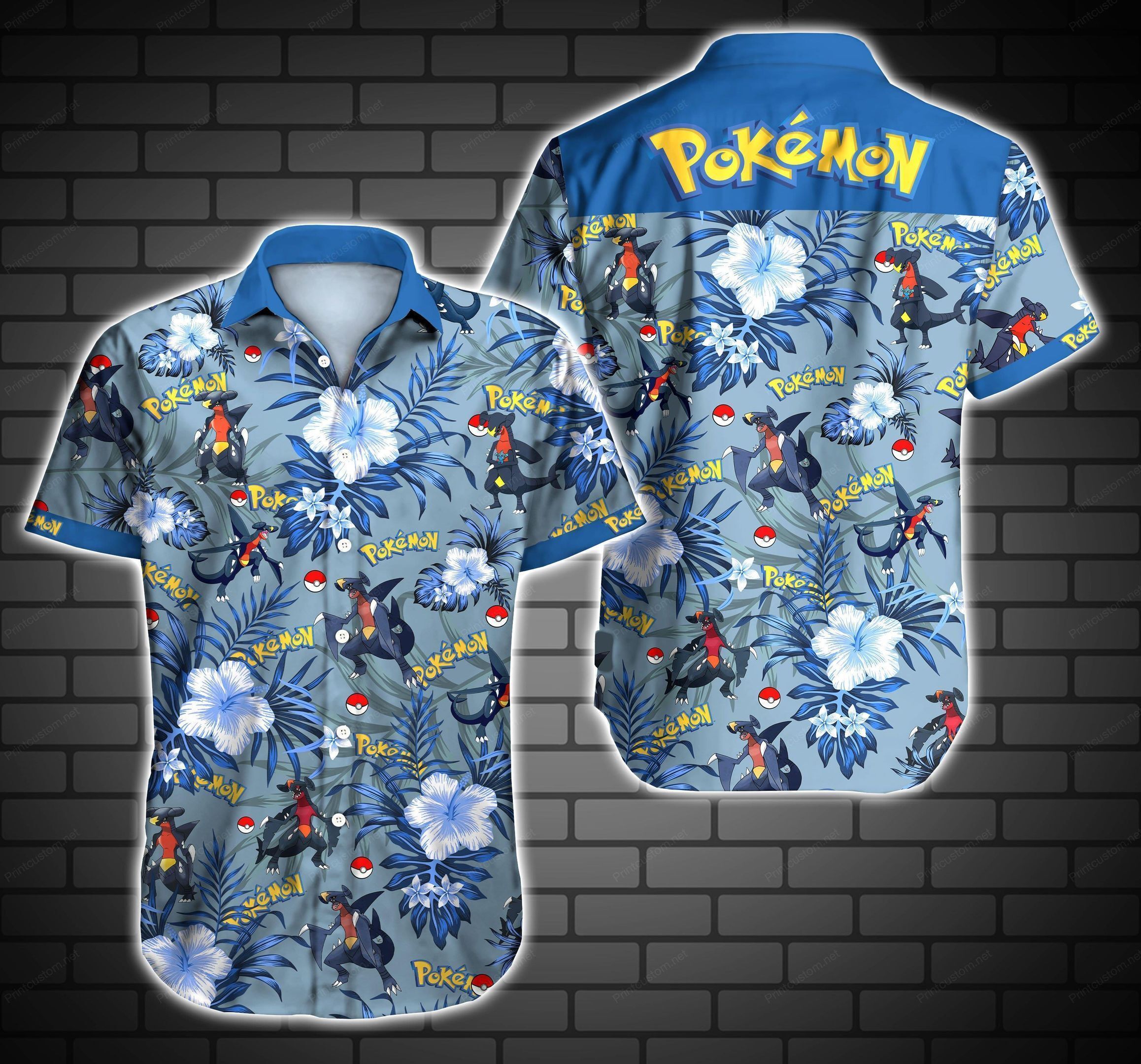 Tlmus Pokemon Garchomp Hawaiian Graphic Print Short Sleeve Hawaiian Casual Shirt  size S - 5XL