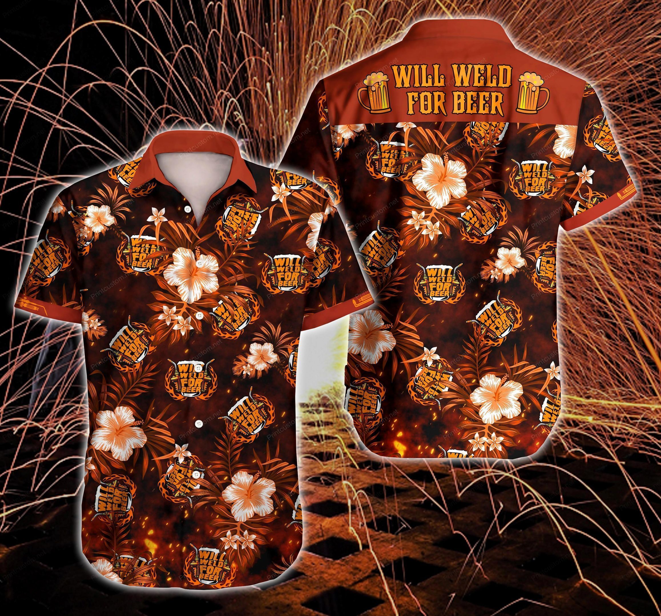 Welder Will Weld For Beer Hawaiian Graphic Print Short Sleeve Hawaiian Casual Shirt  size S - 5XL