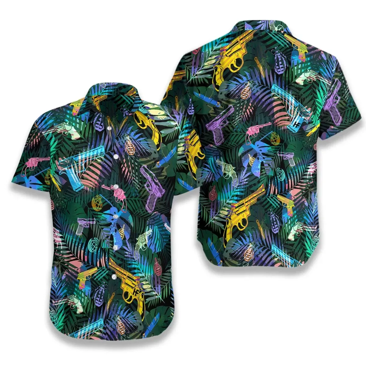 Tropical Gun Lover Pattern Hawaiian Graphic Print Short Sleeve Hawaiian Shirt  size S - 5XL