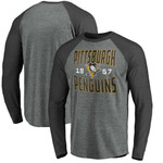 Men's Fanatics Branded Heathered Charcoal Pittsburgh Penguins Antique Stack Raglan Tri-Blend Long Sleeve T-Shirt