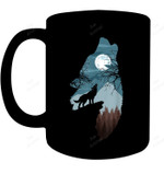 Forest With Full Moon And Cliff Of Silhouette Howling Wolf Mug