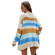 Mid-length Knitted Cardigan Women's Clothes Striped Contrast Color Sweater Coat