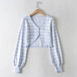 Autumn Plaid Puff Sleeve Knitted Cardigan Women's Cropped Long Sleeves Sweater Coat Fashion