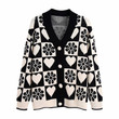 Autumn Women Clothing Black And White Contrast Color Loose Lazy Style V-neck Jacquard Knitted Cardigan Jacket