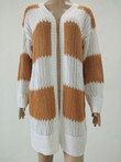 Knitted Sweater Long Cardigan Hollow Contrast Color Coat