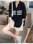 Black V-neck Chiffon Shirt Women's Three-quarter Sleeve Loose Large Size Tup Cardigan Thin Summer