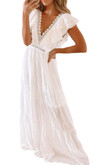 Women's Short-sleeved Dress With White Lace V-neck Long Dresses