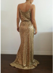 Sexy V-neck Split Sleeveless Gold Sequins Glitter Dress Long Long Dresses