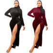 Women's Sexy Slim-fit Solid Color High Neck Split Shiny Veet Dress Skinny Dresses