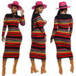 Women's Casual Fashion Colorful Striped Printed Rib Fabric Long Sleeve Dress Casual Dresses