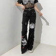 Fashion Street Cool Cover Personalized Printed Contrast Color Metal Buckle Belt Slightly Flared Denim Trousers Jeans