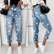 Women's Five-pointed Star Ripped Jeans Washed Denim Trousers For Women