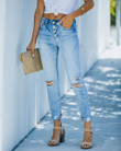 High Waist Button Front Distressed Skinny Light Blue Jeans