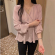 Women's Korean Elegant V-neck Shirt Temperament Pure Color Waist-controlled Long Sleeves Small Top Blouses