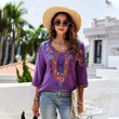 Women's Fashion Embroidered Flower Shirt V-neck Loose All-matching Long Sleeve Top Blouses