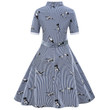 Retro Hepburn Style Striped Lapel Large Swing Dress