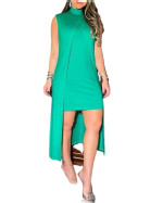 Fashionable Printed Fake Two-piece Turtleneck Sleeveless Asymmetric Dress For Women