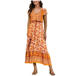 Summer Women's V-neck Rayon Printed Bohemian Dress Long Skirt