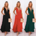 Women's Sexy Solid Color Backless Deep V Evening Dress Suspender