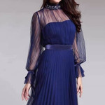 Women's Blue Elegant Evening Dress Long Sleeve