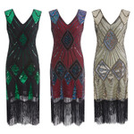 Vintage Sequined Colorful Front And Back V-neck Tassel Bead Evening Dress