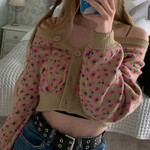 Sweet Small Floral Print Navel Short Cardigan Contrast Color Knitwear Women's Clothing
