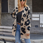Women's Long Pocket Knitted Cardigan Leopard-print Sweater Coat