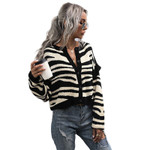 Fashionable V-neck Striped Stitching Cardigan All-matching Short Elegant Knitted Sweater Coat For Women