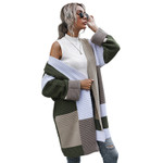 Patchwork Contrast Color Cardigan Long Sleeve Pullover Loose Temperament Knitwear Mid-length Coat For Women