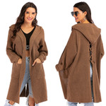 Women 's Lace-up Pocket Long Coat Casual Hooded Knitted Sweater Cardigan