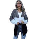 Casual Contrast Color Patchwork Knitting Cardigan Loose Mid-length V-neck Sweater Coat Women's Fashion