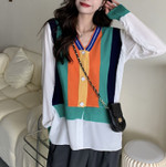 Women's Knitted Shirt Autumn V-neck Striped Fake Two Pieces Color Matching Cardigan Top Women