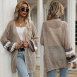 Autumn Mid-length Contrast Color Loose Sweaters Cardigan Coat Women Hollow Out