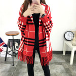 Loose Plaid Tassel Batwing Sleeve Knitted Cardigan Cape And Shawl Women's Coat Fashion