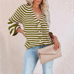 Striped Sweater Plus Size Loose And Idle Brown Single-breasted V-neck Cardigan