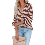 Striped Sweater Plus Size Loose And Idle Brown Single-breasted V-neck Cardigan