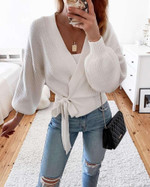 Sexy V-neck Bandage Lace-up Cardigan Sweater Solid Color Hollow Out Women's